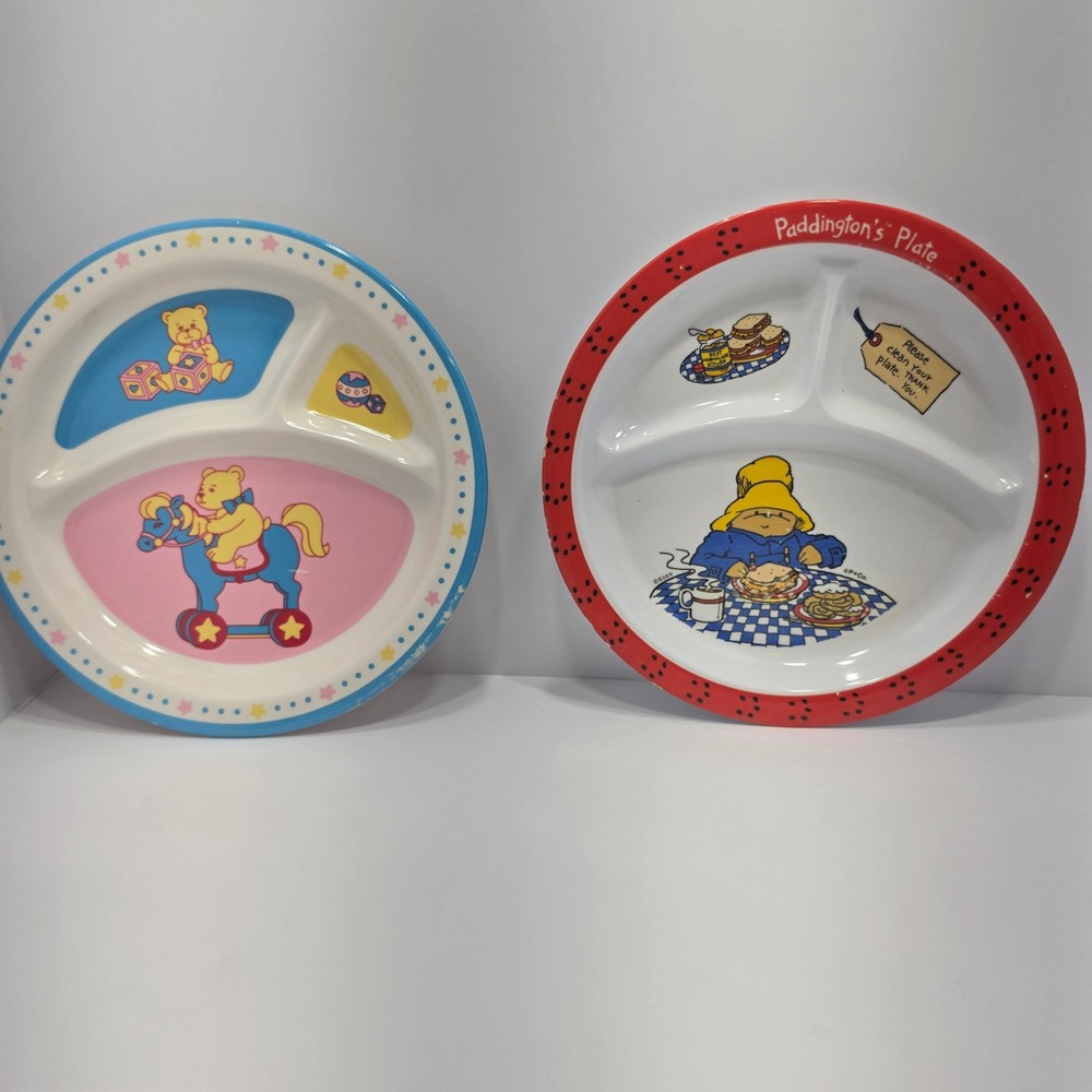 Vintage Paddington Bear & Teddy Bear Melamine Divided Plates Set of 2